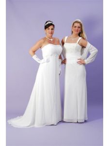 Divatos menasszonyi ruhák, jobb: szolíd A vomalú molett menyasszonyi ruha, bal: egyszerű szabású 2 részes esküvői ruha / polgári esküvői ruha, Mon Cheri